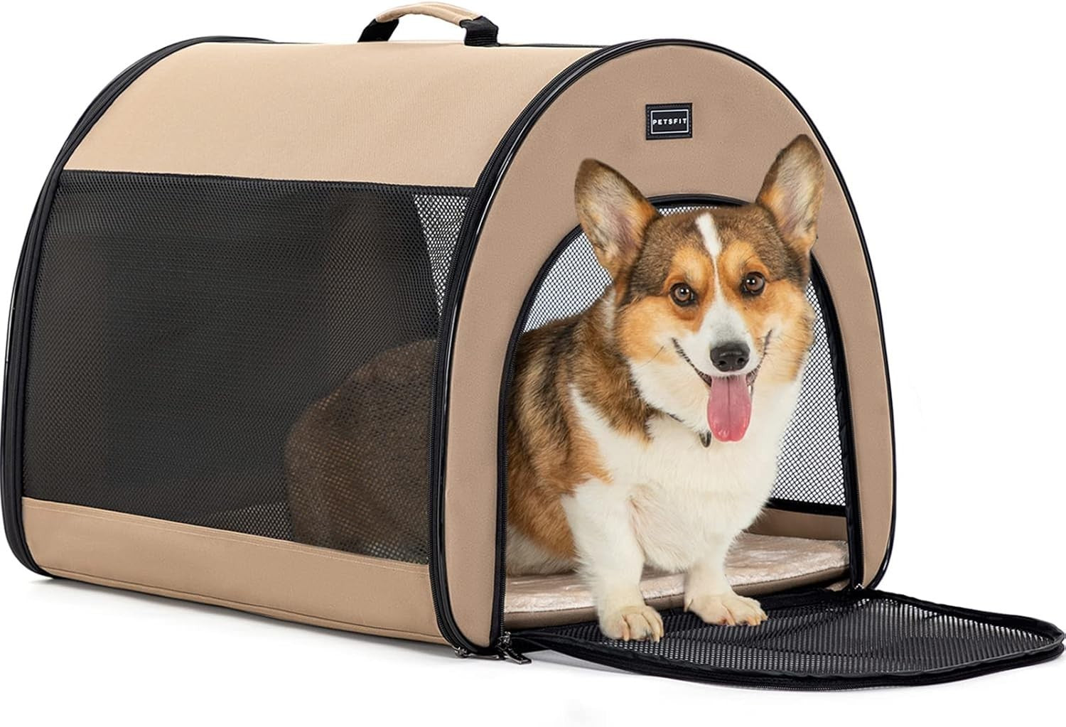 Soft Dog Crate 67x50x50cm Portable Travel Carrier Cat Kennel with Mat Khaki