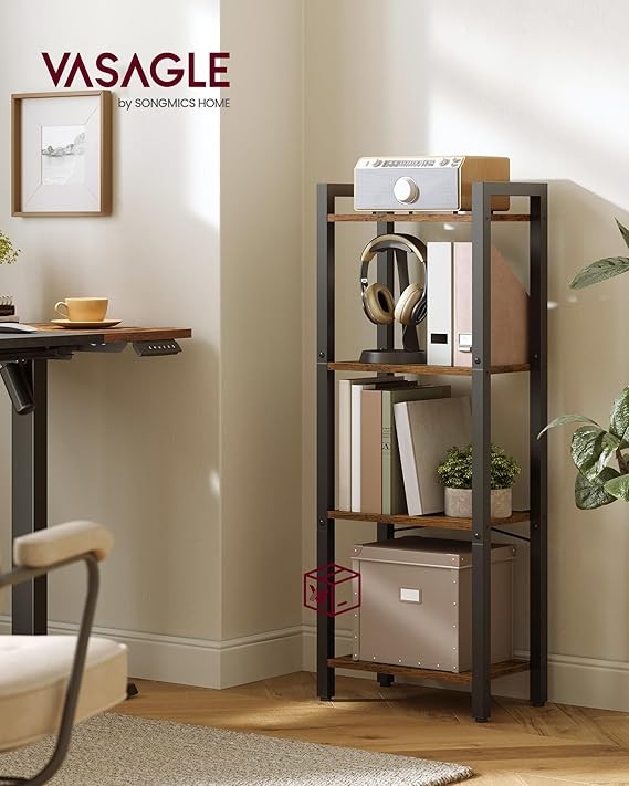 4-Tier Industrial Bookshelf Storage Unit Rustic Brown Metal Shelving Rack