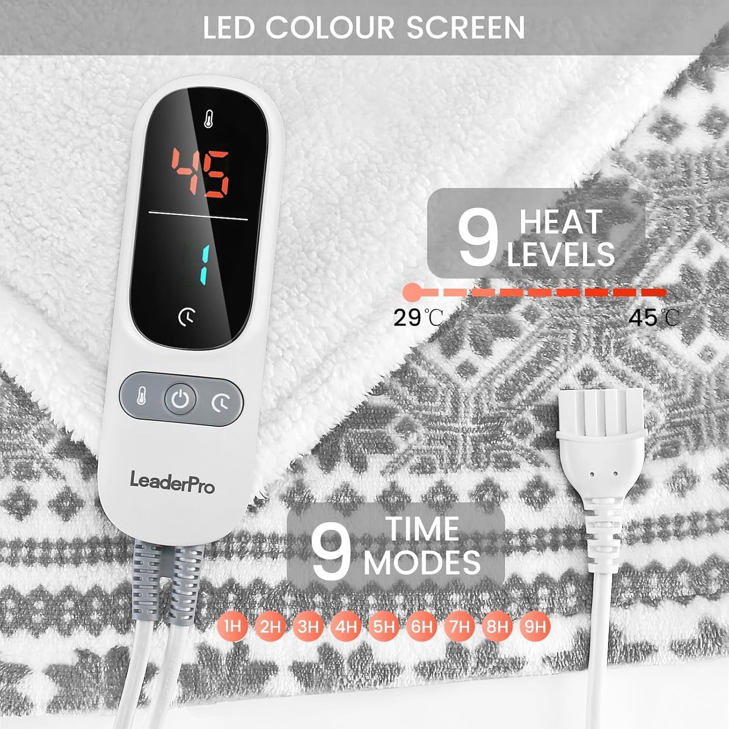 Double Electric Heated Blanket Fast Heat 9 Levels Timer Washable Fleece