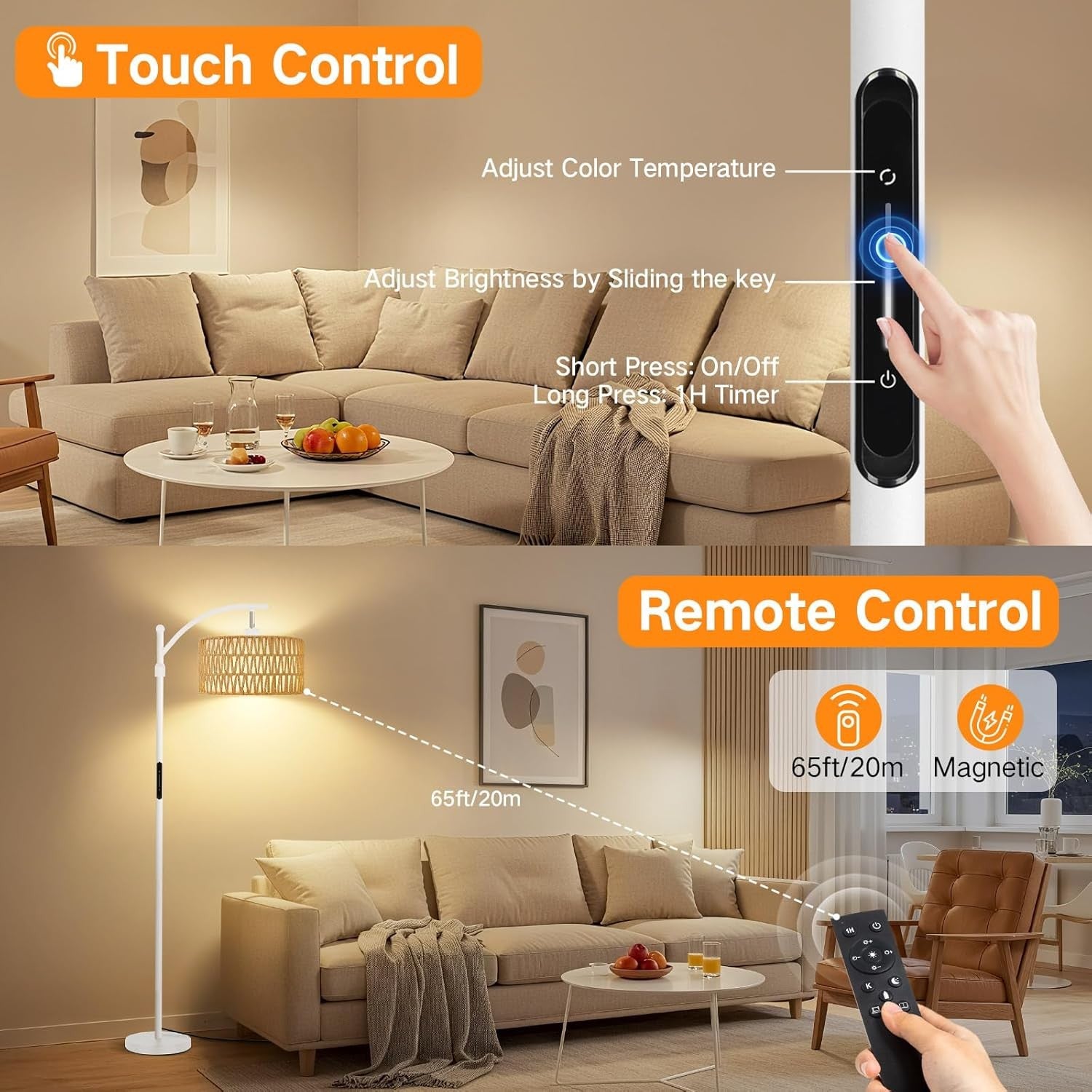 Smart Rattan Floor Lamp Remote App Dimmable Adjustable LED Boho Standing Light