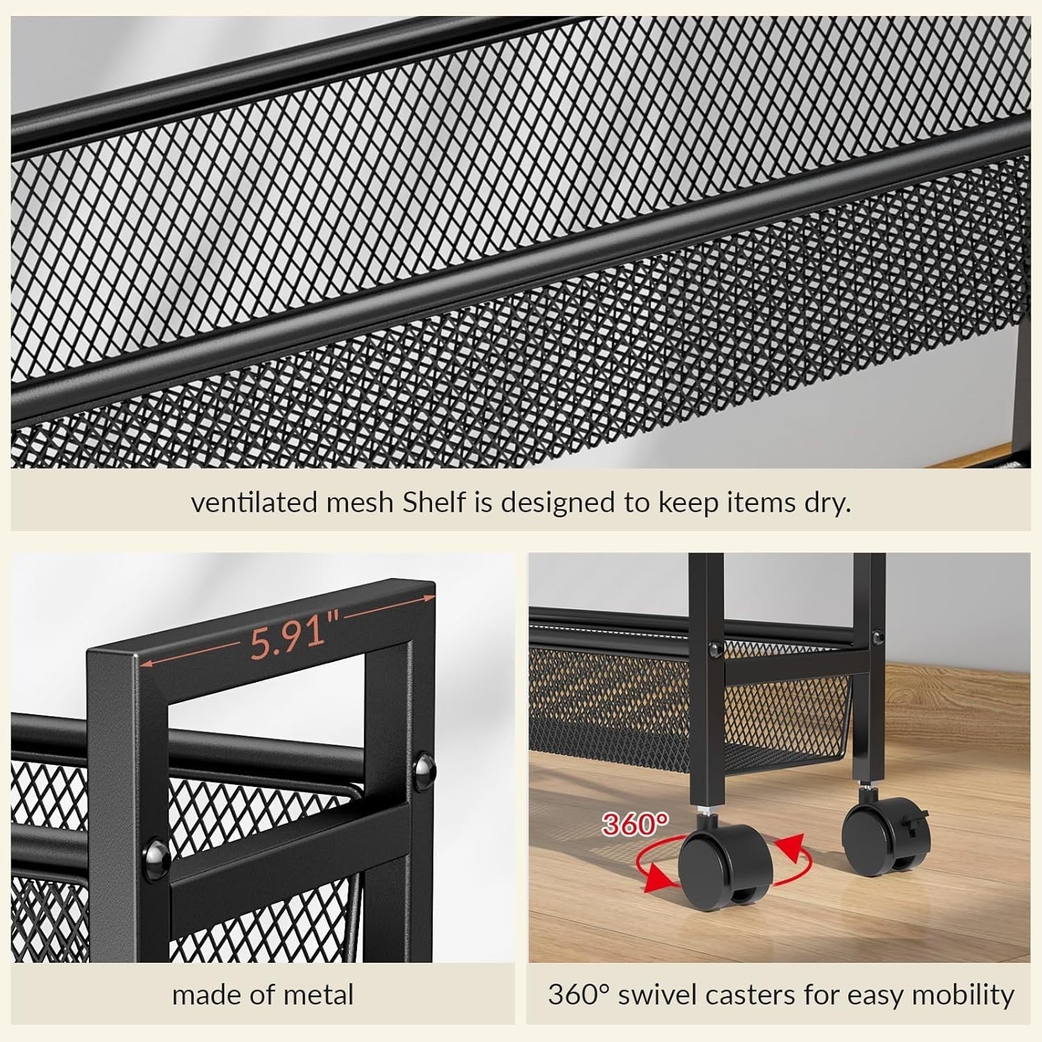 6 Tier Slim Rolling Storage Cart Narrow Utility Shelf with Wheels Black