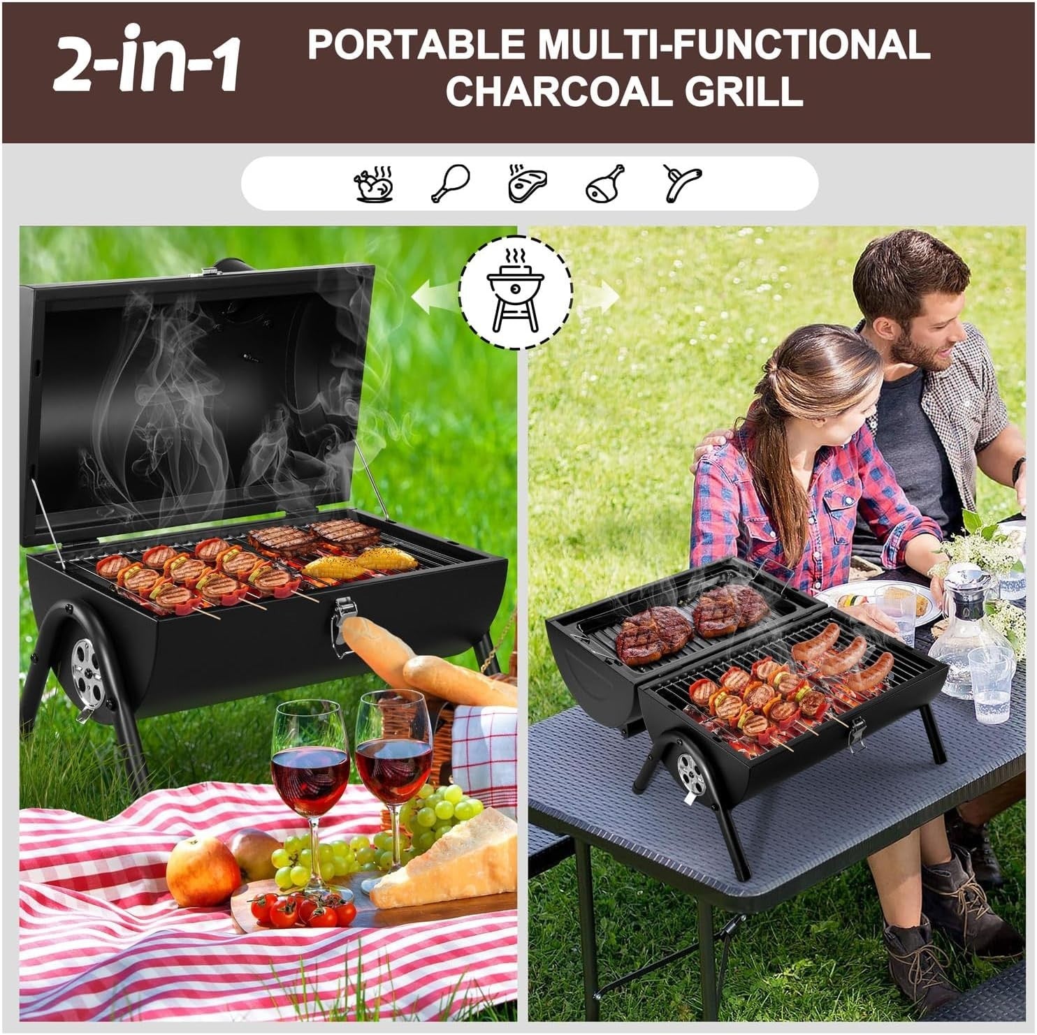 Portable Folding Charcoal BBQ Grill with Roasting Plate & Dual Grill Racks