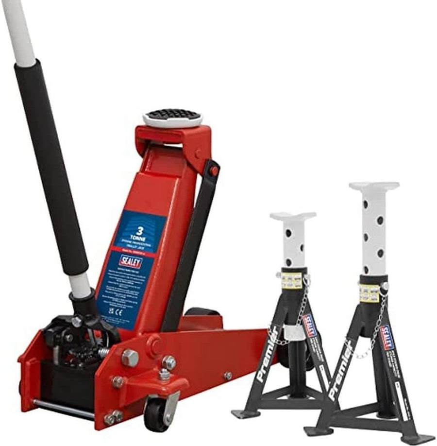 3 Ton Trolley Jack 130–520mm + 3 Ton Axle Stands Set Heavy Duty Car Van Lift Red