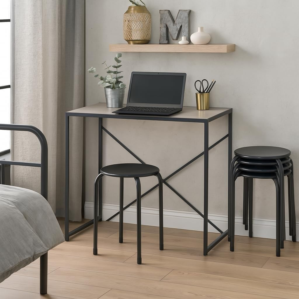 Set of 6 Black Metal Stacking Stools Compact Round Seats Modern Kitchen