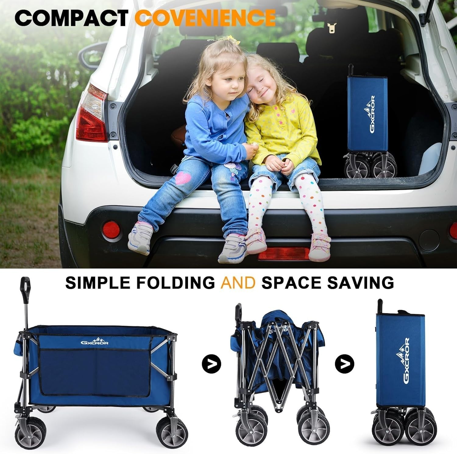 Blue 200L Heavy Duty Folding Wagon 150kg Trolley Cart w/ Big Wheels & Brakes
