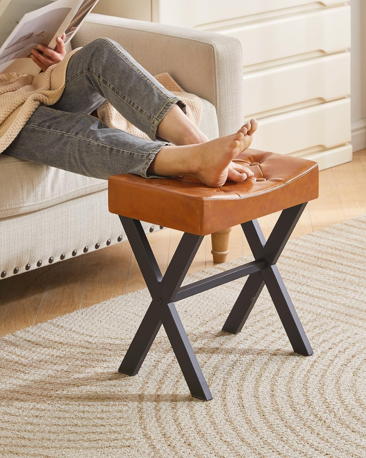 PU U-Shaped Vanity Stool with X-Leg – Square Makeup Footrest, Light Brown