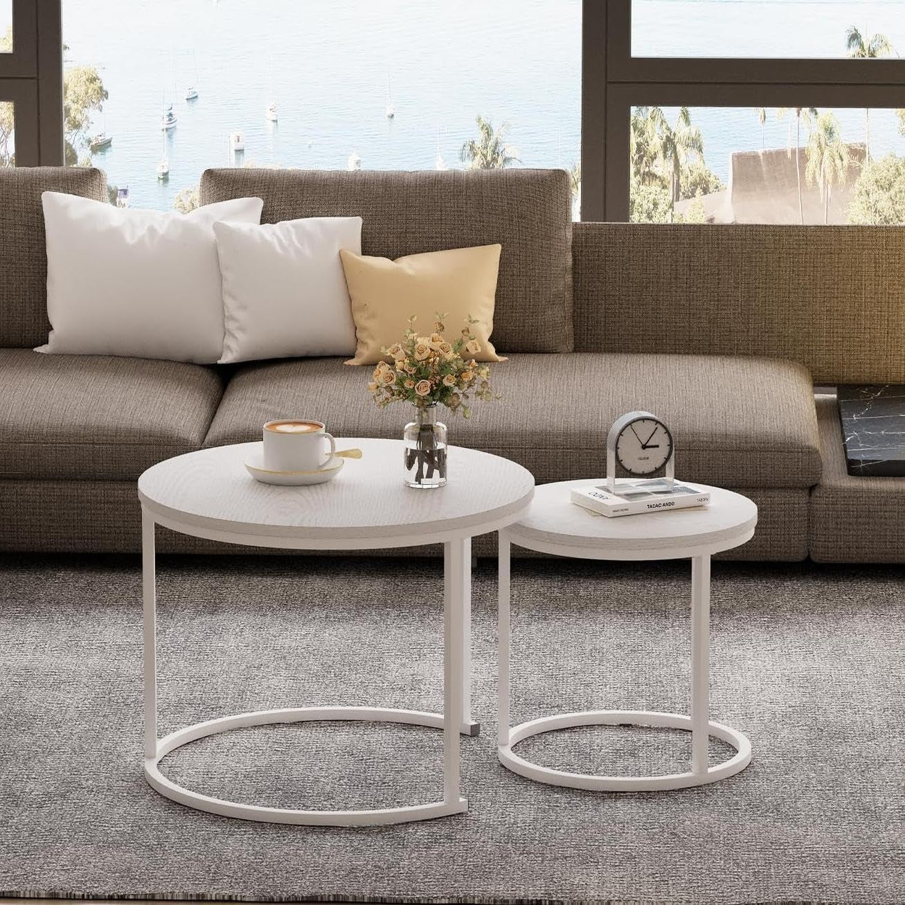 2pcs White Round Nesting Coffee Table Set Wood Metal Frame Living Room Side End