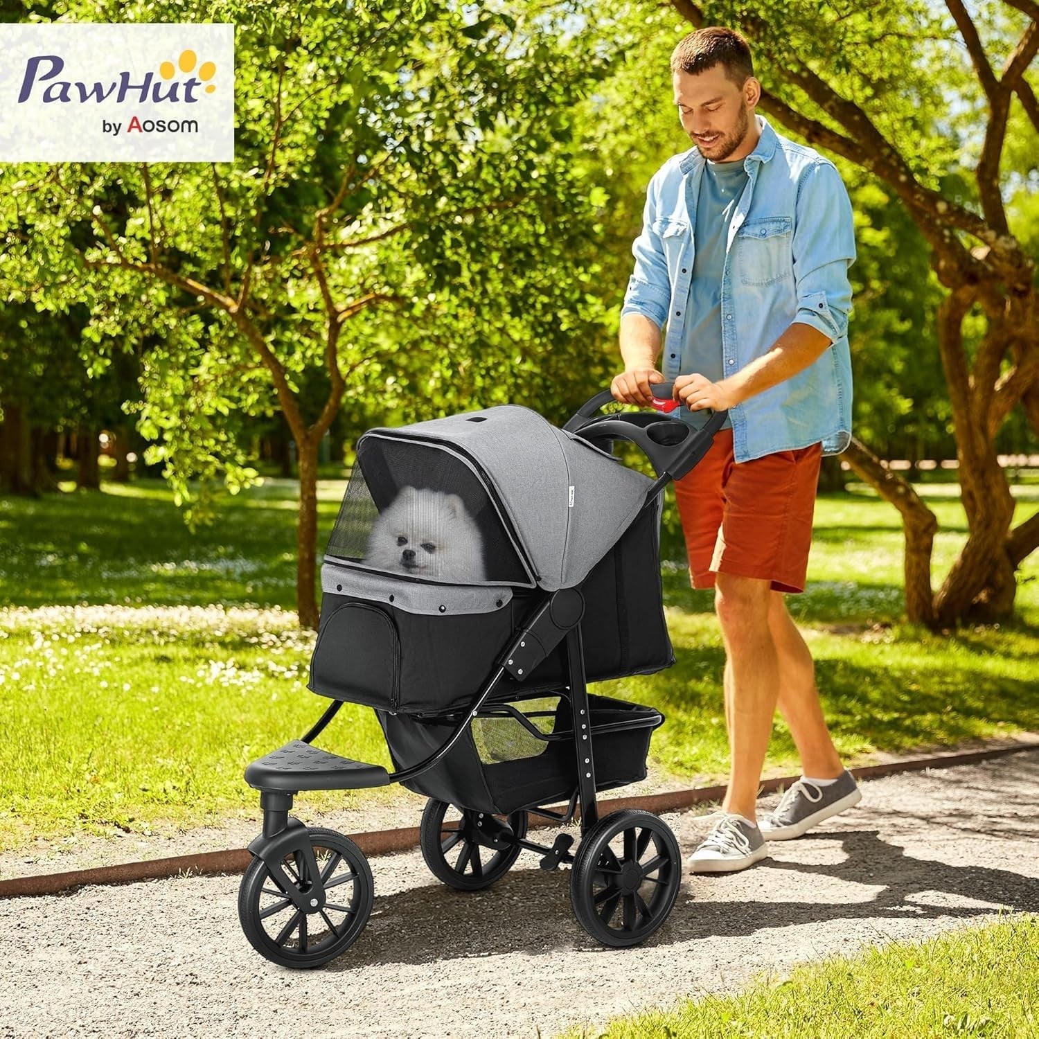 Foldable 3-Wheel Pet Stroller Grey Dog Pram Small Dogs Cats Pushchair