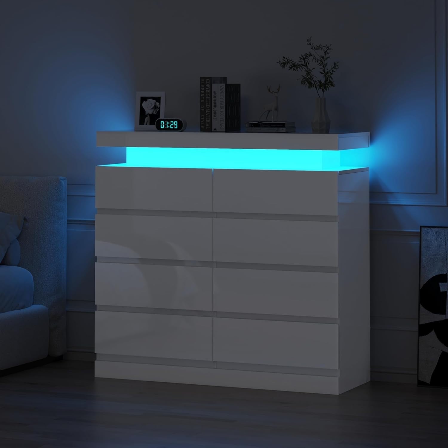 White Gloss Chest 8 Drawers with RGB LED Lights Storage Cabinet Modern