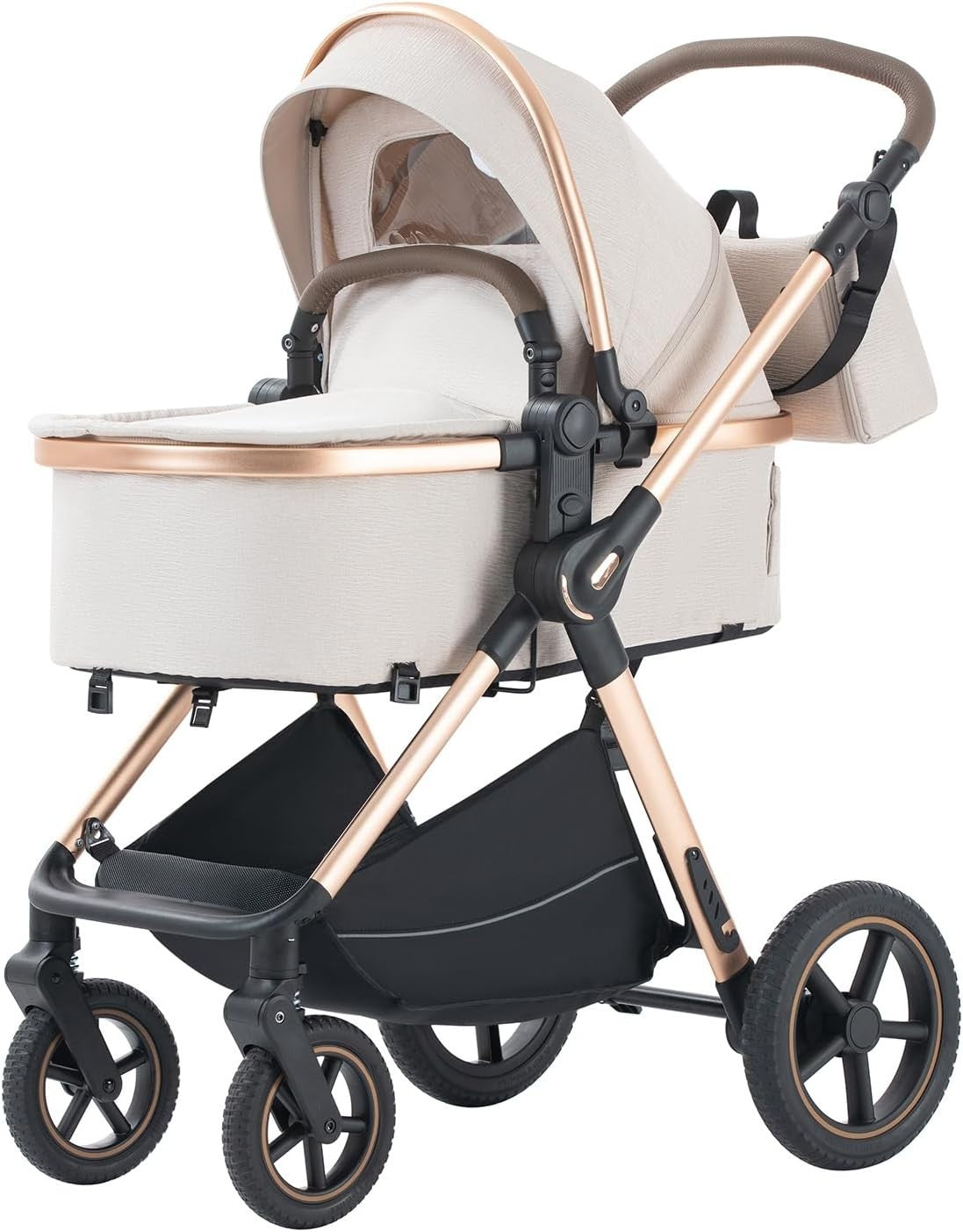 Cream 3in1 Baby Pram Travel System Foldable Pushchair Adjustable Handle 22kg