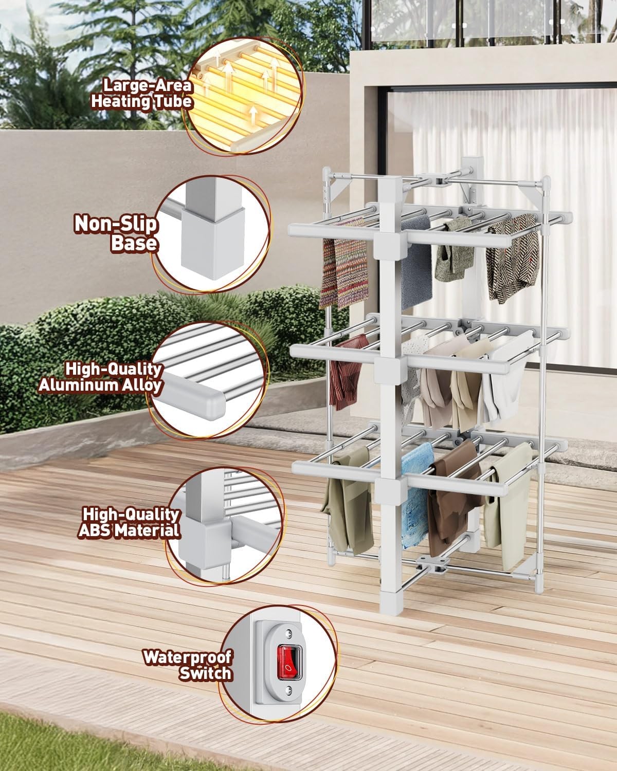 3 Tier Heated Clothes Airer Electric Dryer 24 Heated Bars With Cover