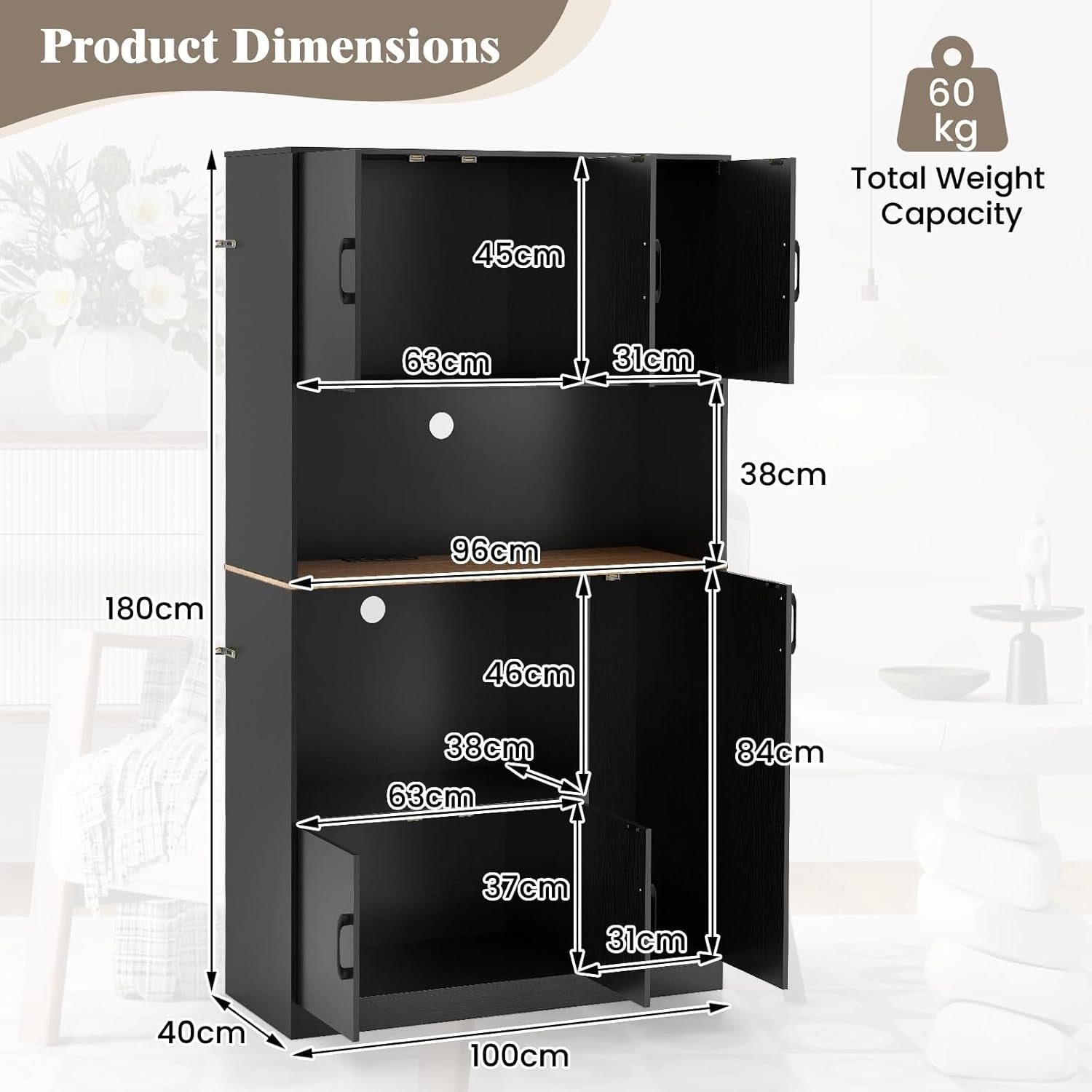 180cm Tall Kitchen Storage Cabinet 6-Door Pantry Black | Built-in Outlet