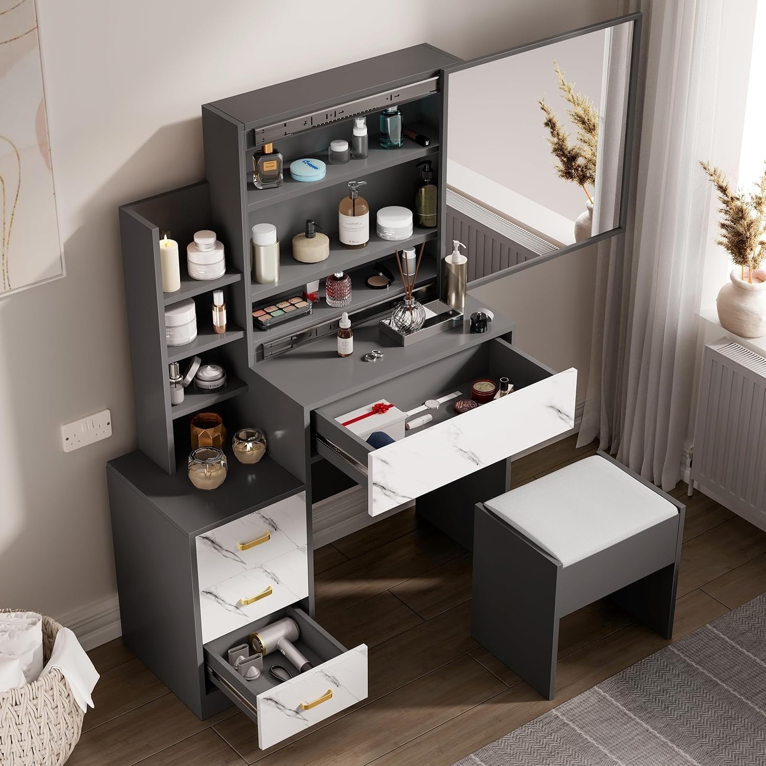Vanity Makeup Dressing Table Mirror Hidden Storage 4 Drawer Dark Grey White