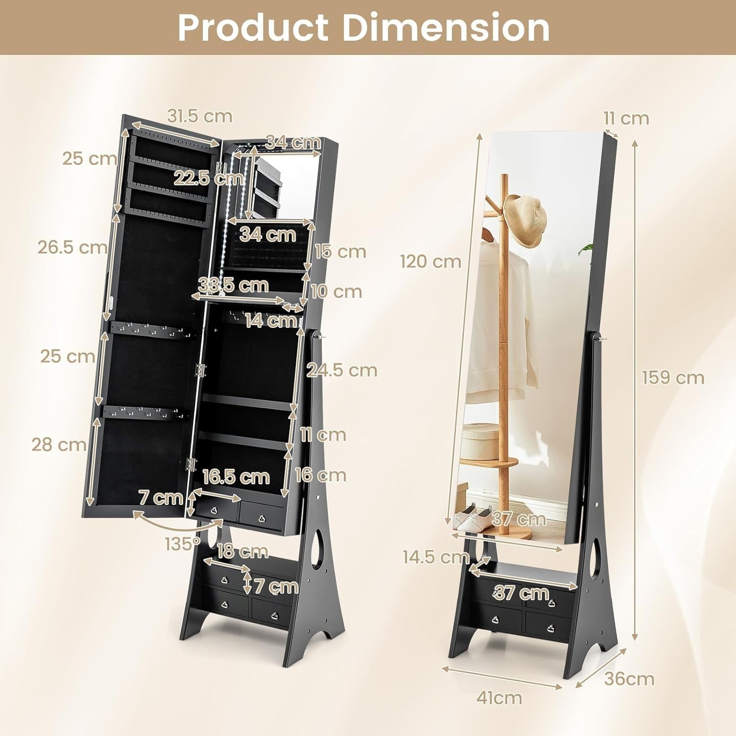 Black Freestanding Jewelry Armoire LED Mirror Large Storage Organizer