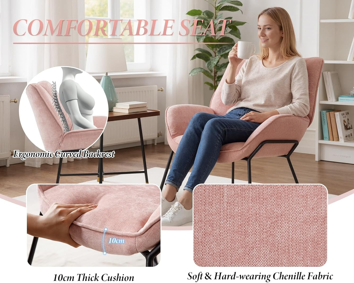 Pink Chenille Accent Tub Chair Metal Legs Modern Armchair