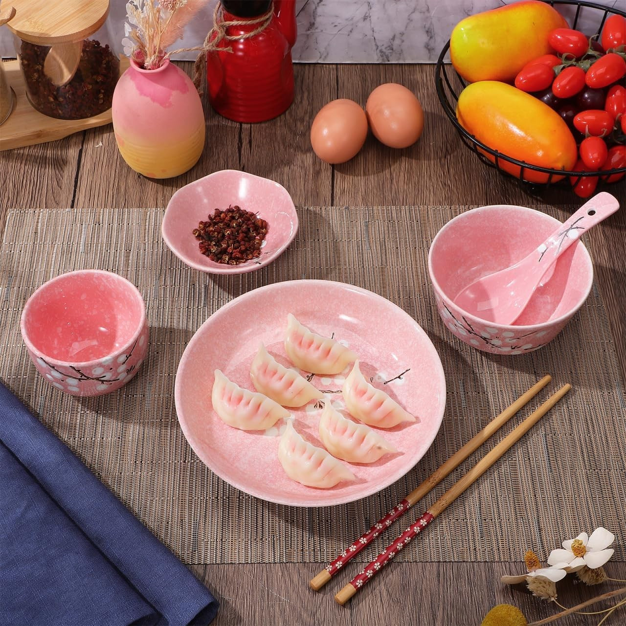 Japanese Style Ceramic Dinnerware Set Pink Bowl Plate Cup Spoon Chopsticks