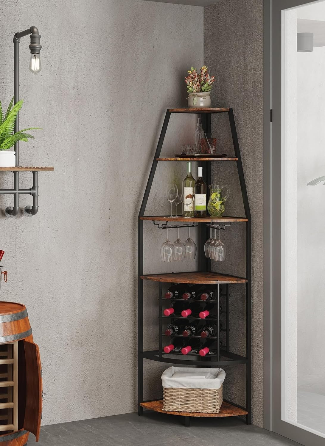Corner Wine Bar Cabinet 5-Tier Industrial Wine Rack with Glass Holder
