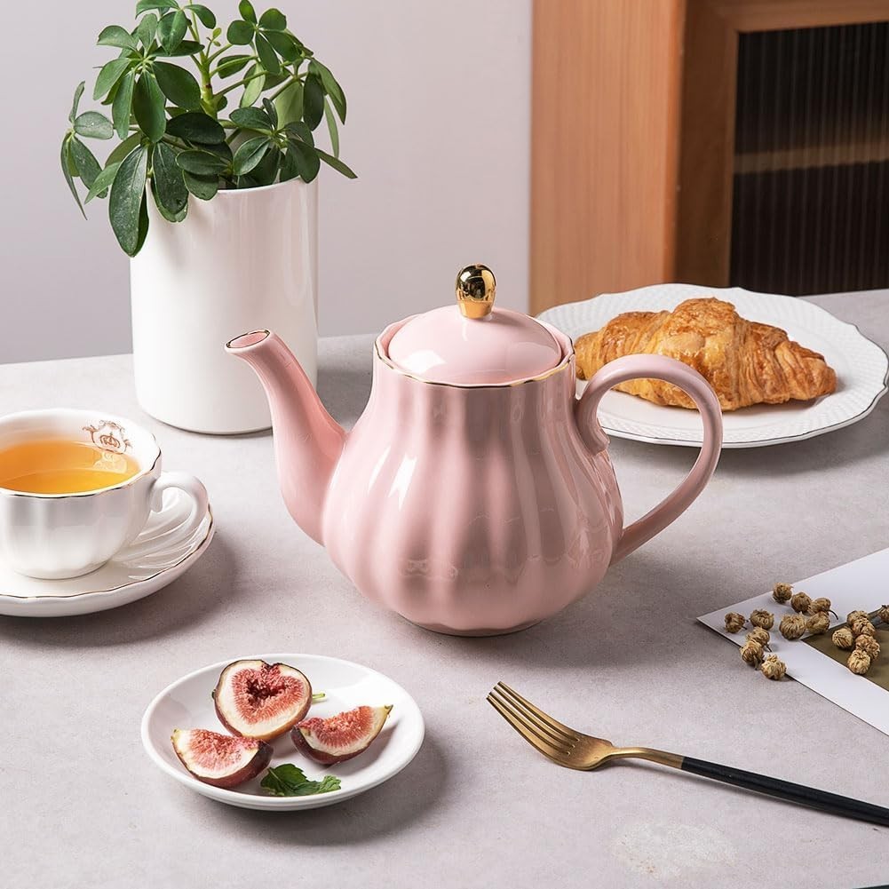 Ceramic Teapot 1100ml Pink Tea Pot w/ Stainless Infuser 5-6 Cups