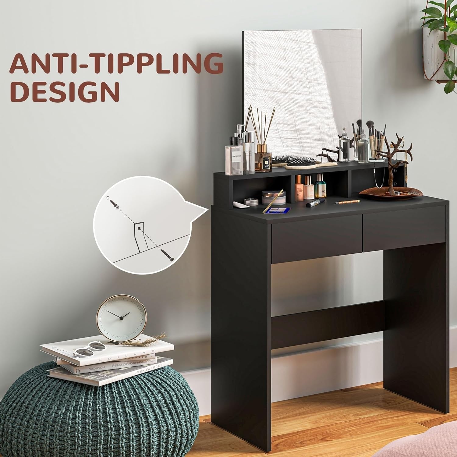 Compact Dressing Table Vanity Desk with Mirror 2 Drawers Shelves Black Wood