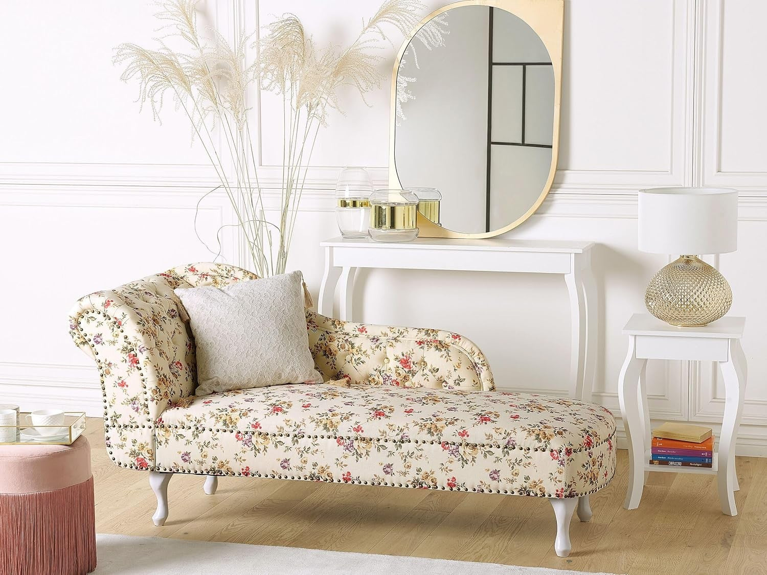 Beige Floral Chaise Lounge Sofa | Left Hand, Tufted Back, 169cm, Vintage Style
