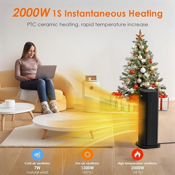 2000W Ceramic Space Heater Fast Heating Oscillating Remote Control Timer