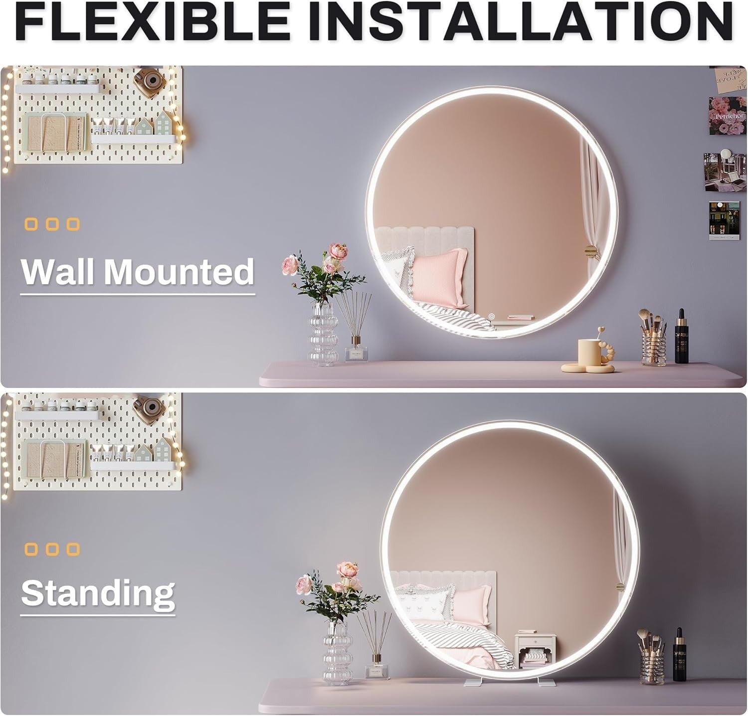 Round LED Vanity Mirror 80cm Touch Dimmable 3 Color Lights Makeup
