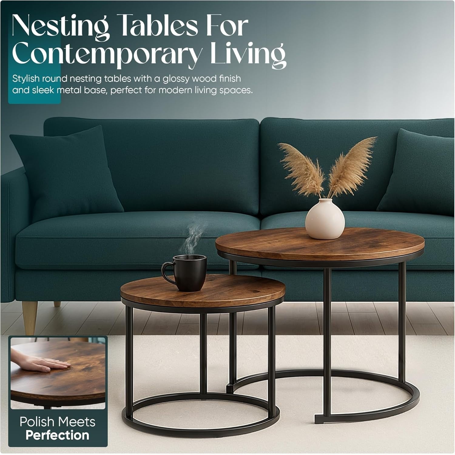 Rustic Wood Nesting Coffee Table Set, Round Stackable Side End Tables, Space Sav