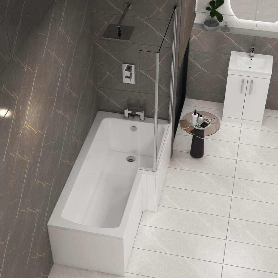 1600x850mm Right-Hand L-Shaped Shower Bath with Glass Shower Screen Acrylic