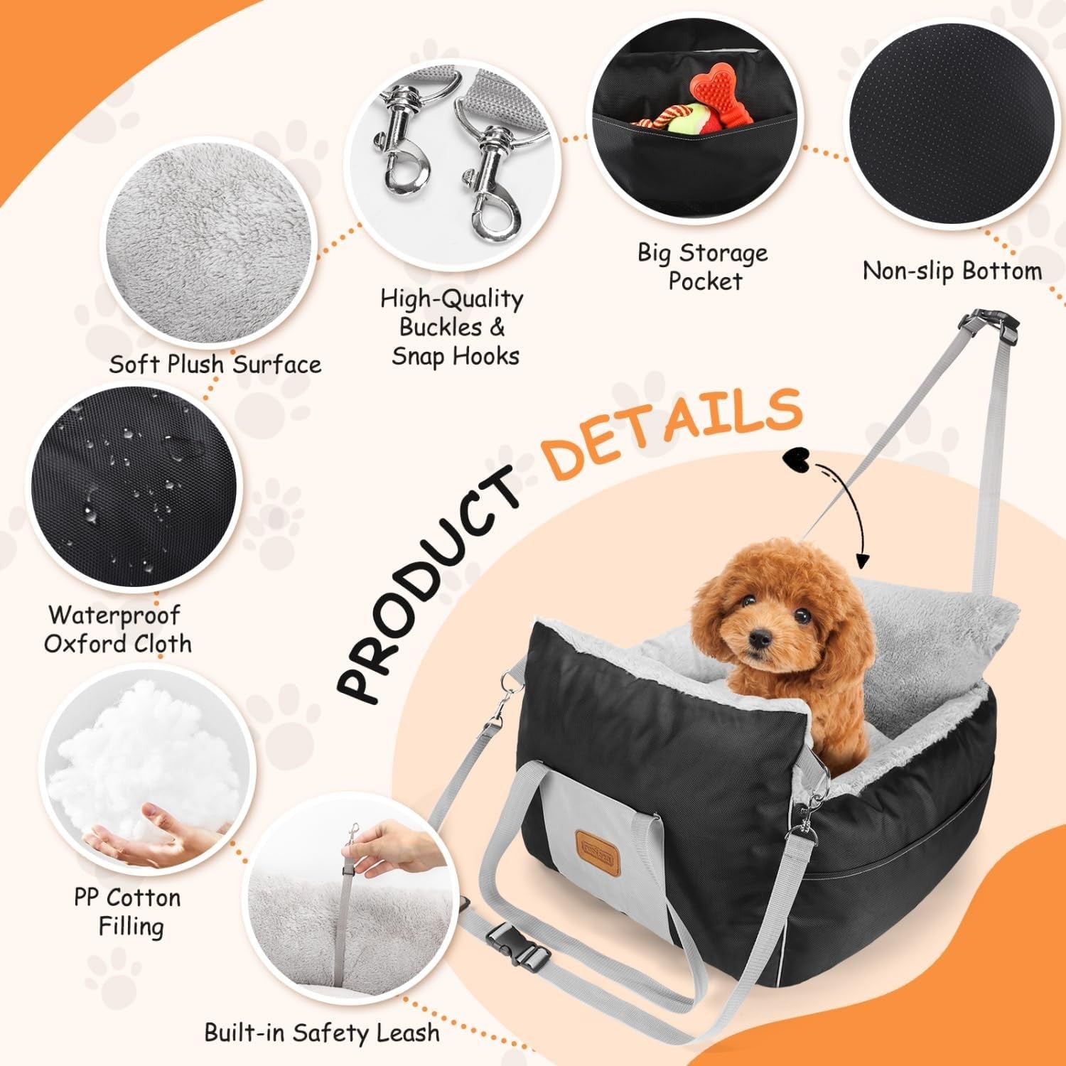 Waterproof Dog Booster Car Seat Plush Travel Bed w Safety Leash