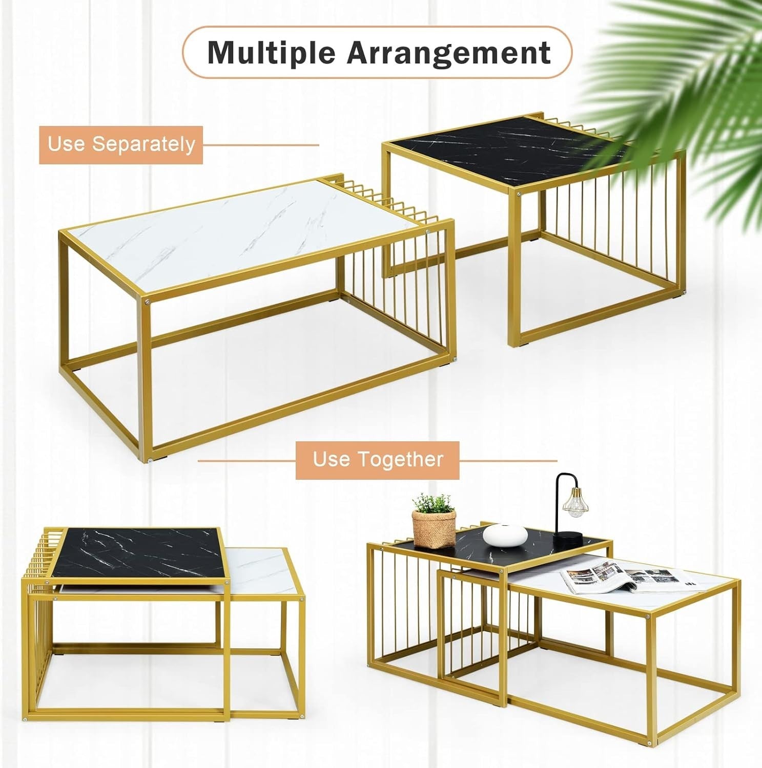 2X Modern Square Nesting Coffee End Tables Faux Marble Top Metal Frame 50KG