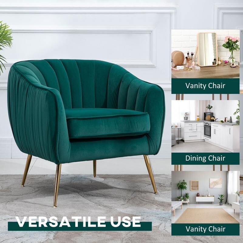 Emerald Green Velvet Accent Chair – Gold Legs, Shell Tub Armchair, Comfy Seat