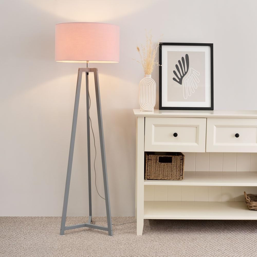 Grey Wooden Tripod Floor Lamp Blush Pink Drum Shade LED Light