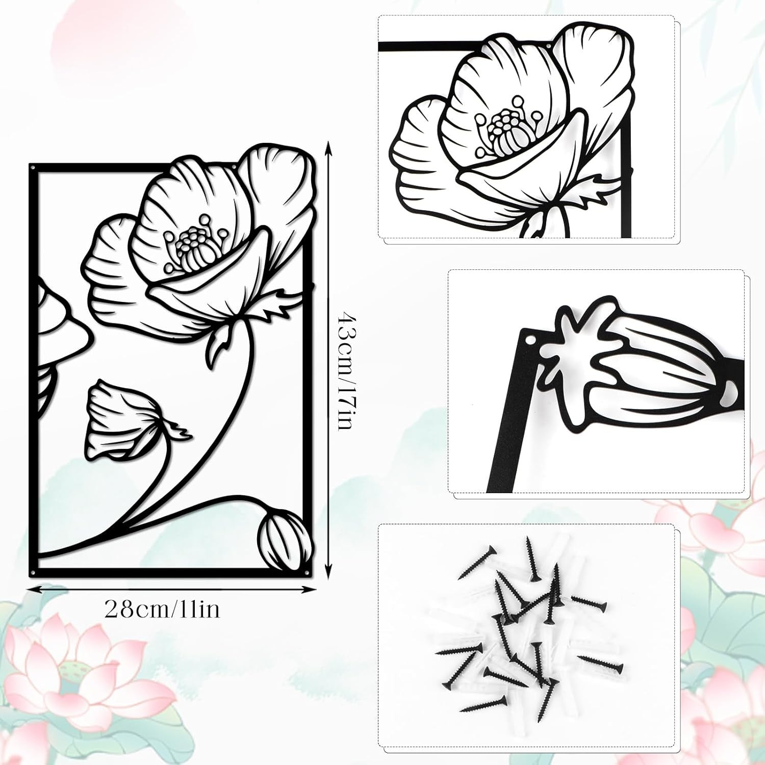 3Pcs Black Metal Flower Wall Art Minimalist Floral Decor