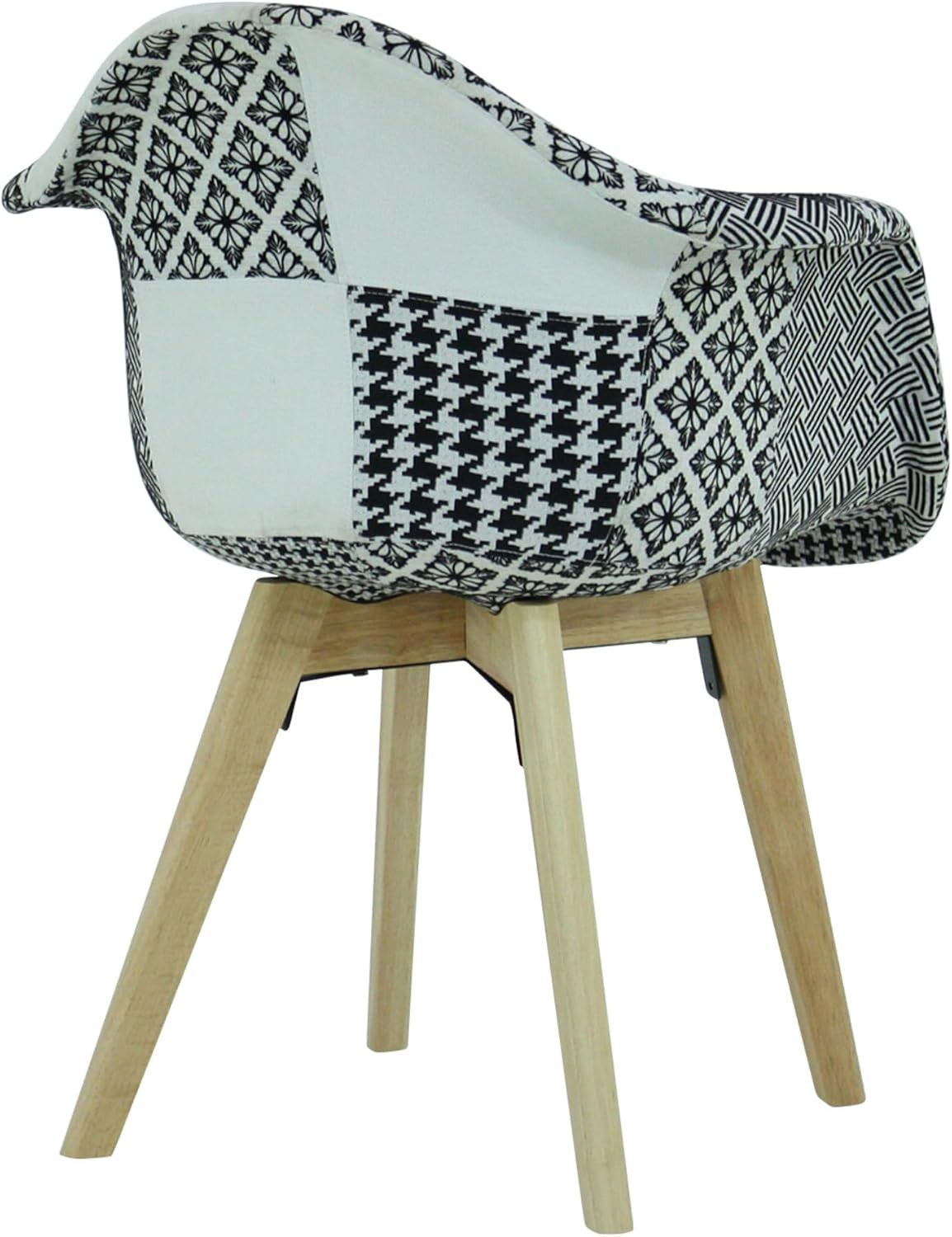 Black White Patchwork Dining Chair with Arms Wood Legs Fabric
