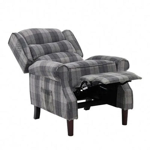Grey Tartan Wingback Recliner Armchair – Manual Pushback Lounge Chair