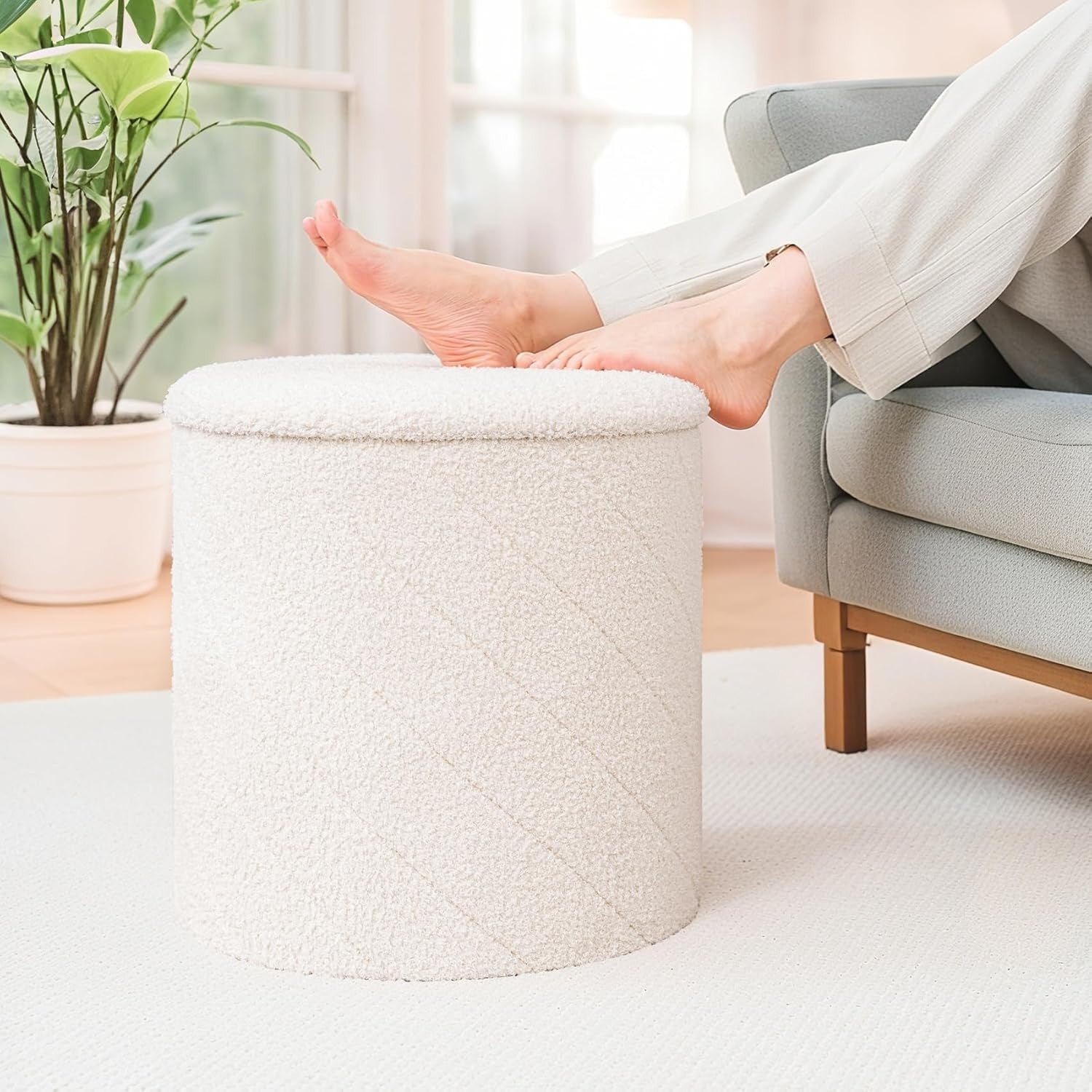 White Boucle Round Storage Ottoman Stool Folding Footrest Vanity Seat