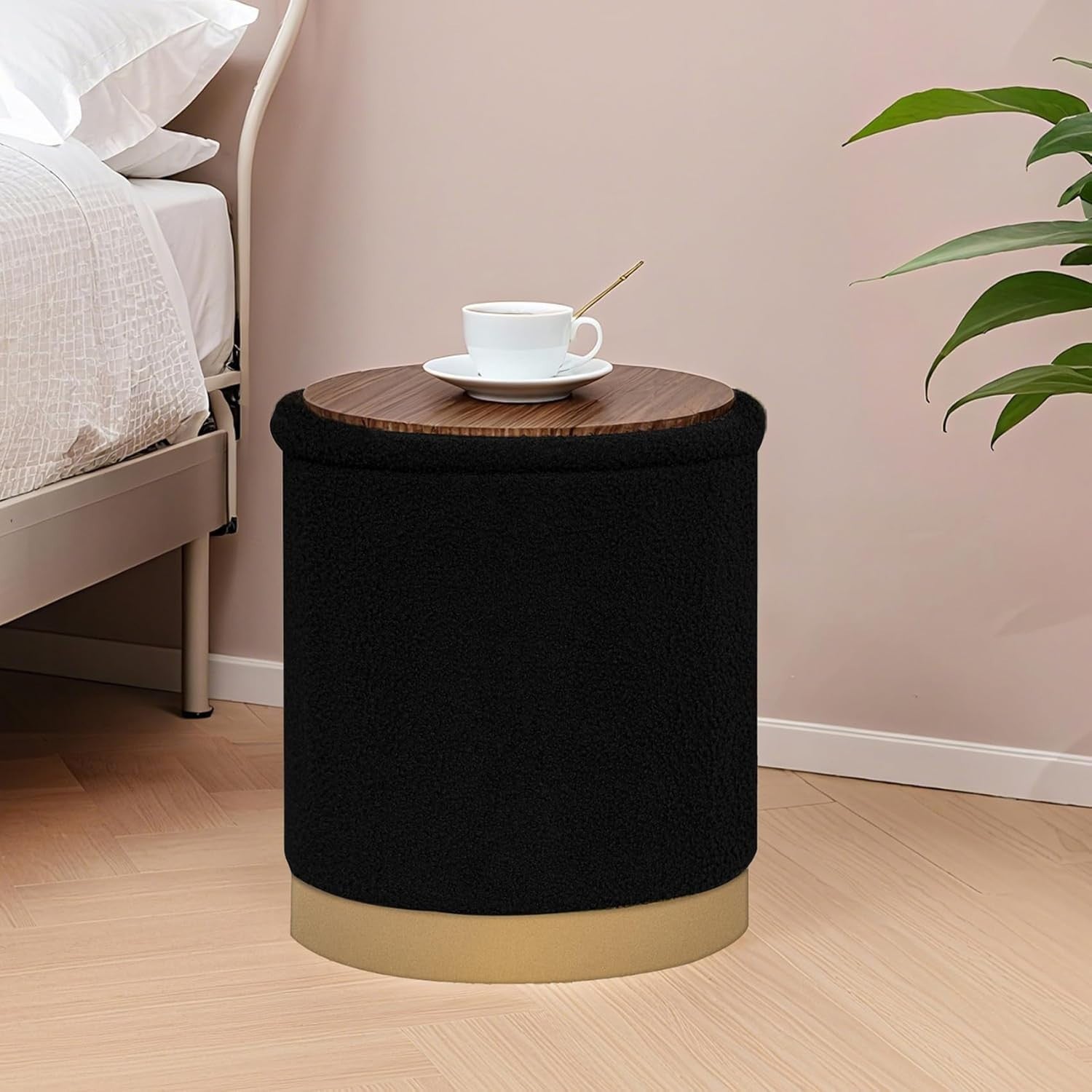 Black Boucle Round Storage Ottoman Folding Footrest with Flip-Top Tray