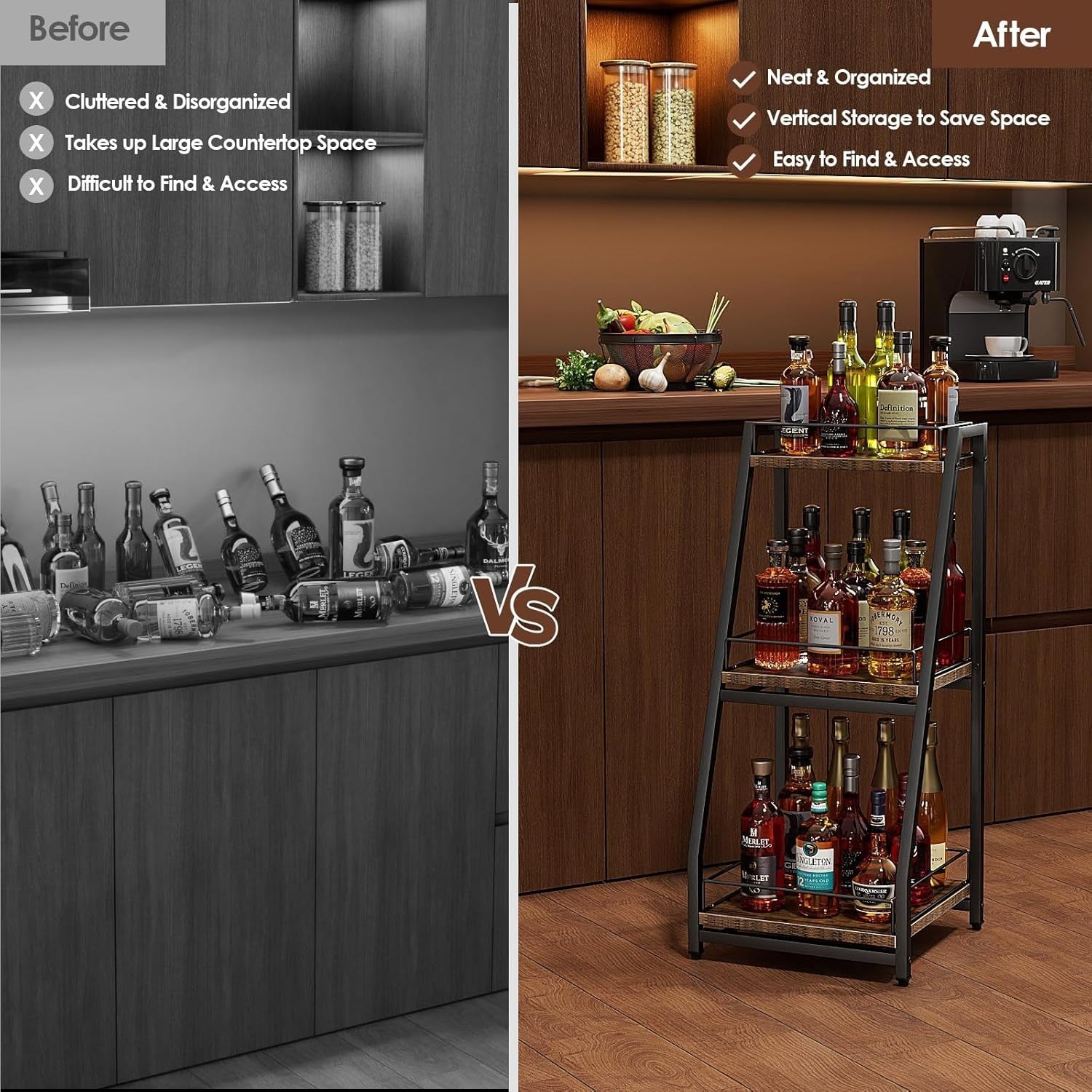 3 Tier Liquor Bar Cabinet Stepped Wine Rack with Slide Shelves & Storage