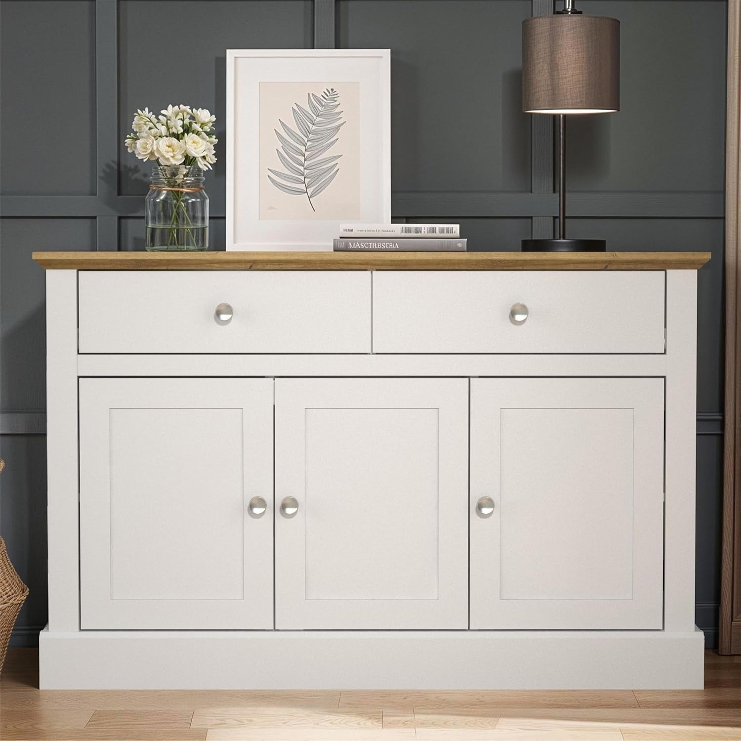 White oak Sideboard Cabinet with Drawers & Doors, Oak Top, Storage Unit