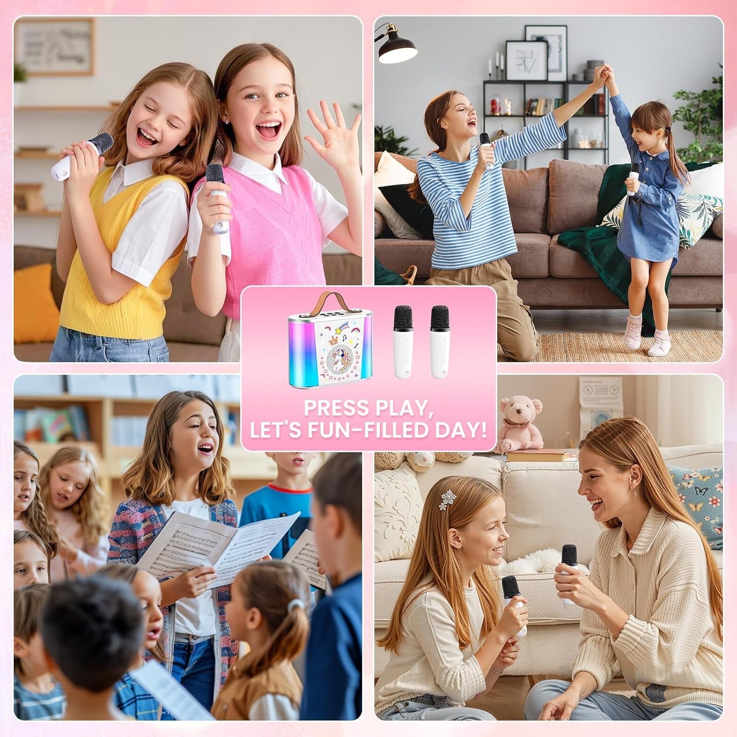 Mini Karaoke Machine Bluetooth 2 Wireless Mics LED Lights Kids White