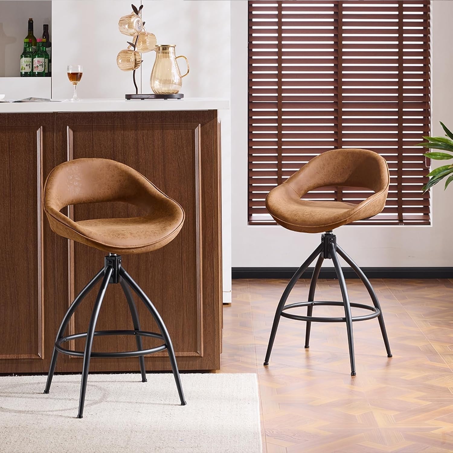 360° Swivel Bar Stools Set of 2 | Brown PU Leather Counter Chairs w/ Back