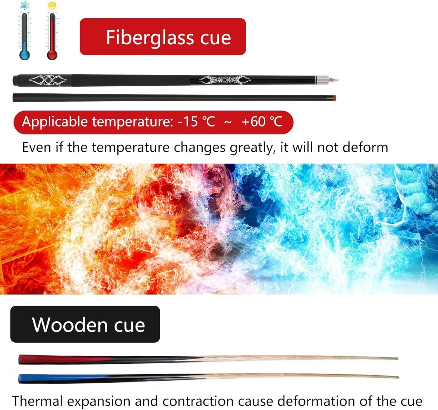58in Fiberglass Pool Cue 13mm Tip Low Deflection Matte Grip 19–20oz