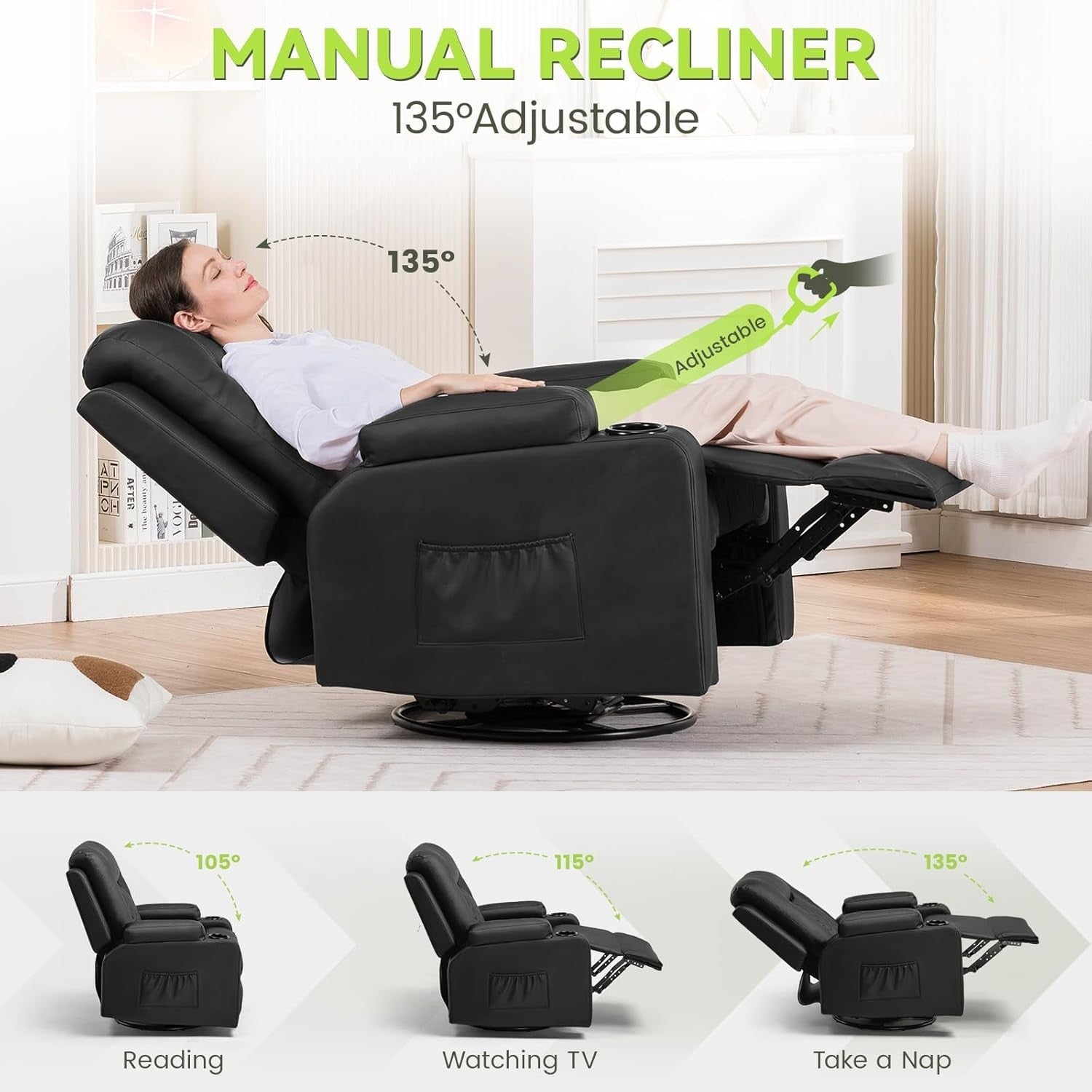 Recliner Chair PU Leather Swivel Rocker with Cup Holders & Side Pockets