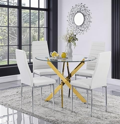 100cm Round Glass Dining Table Set 4 Seater Modern Kitchen & Dining Room White