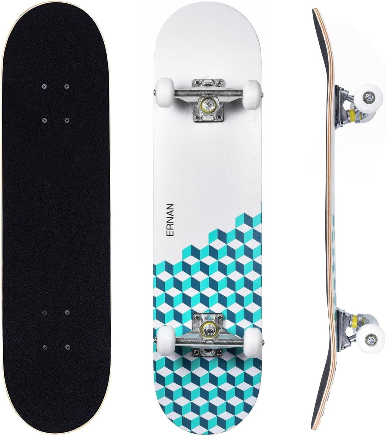 31in Beginner Skateboard Double Kick Maple Deck Ocean Blue Adults Kids + Tool