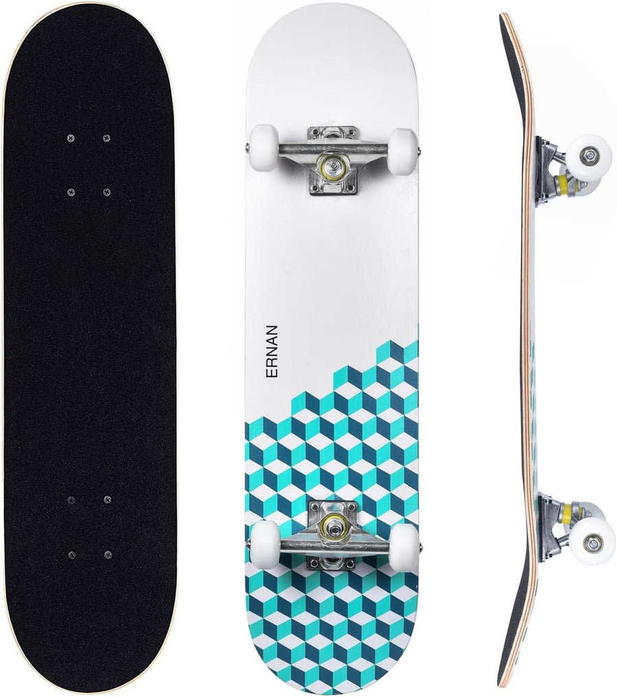31in Beginner Skateboard Double Kick Maple Deck Ocean Blue Adults Kids + Tool