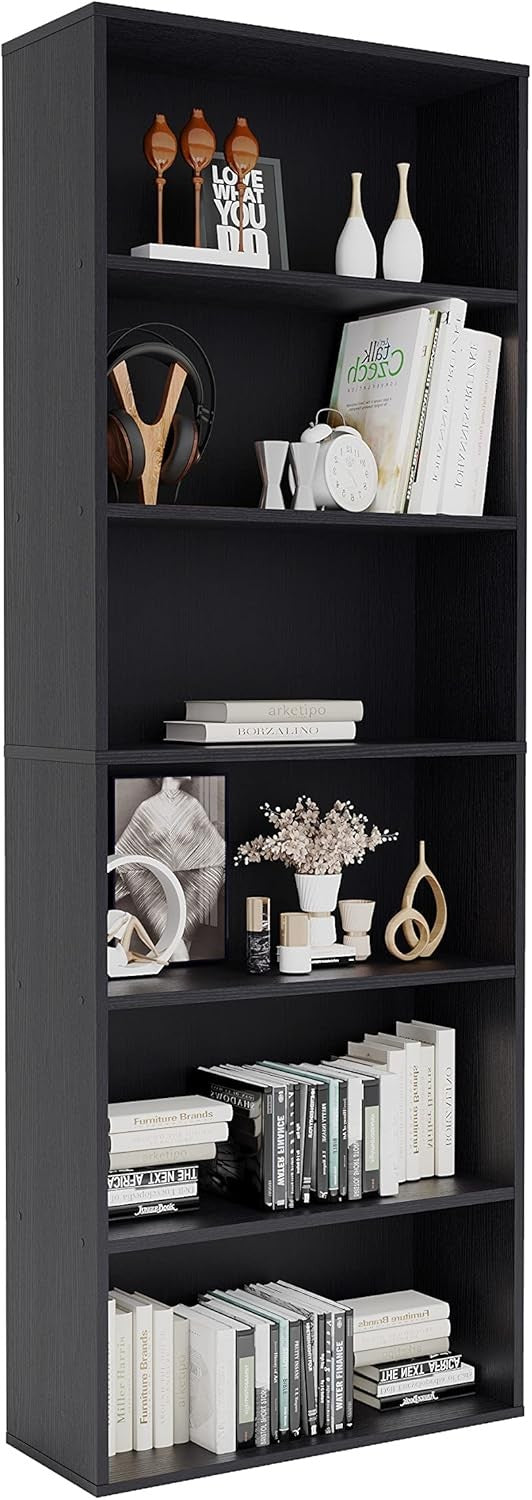 6-Tier Large Black Bookcase Tall Wooden Shelf Unit Modern Home Office Storage