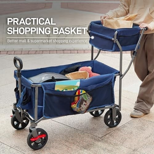 Foldable Heavy Duty Festival Trolley Push & Pull Wagon with Basket Blue