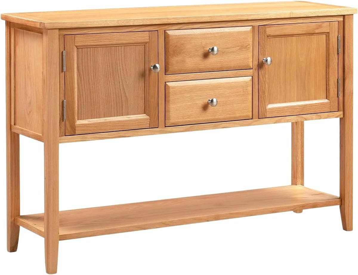 Large Solid Oak Console Table with Storage Drawers & Shelf, Durable