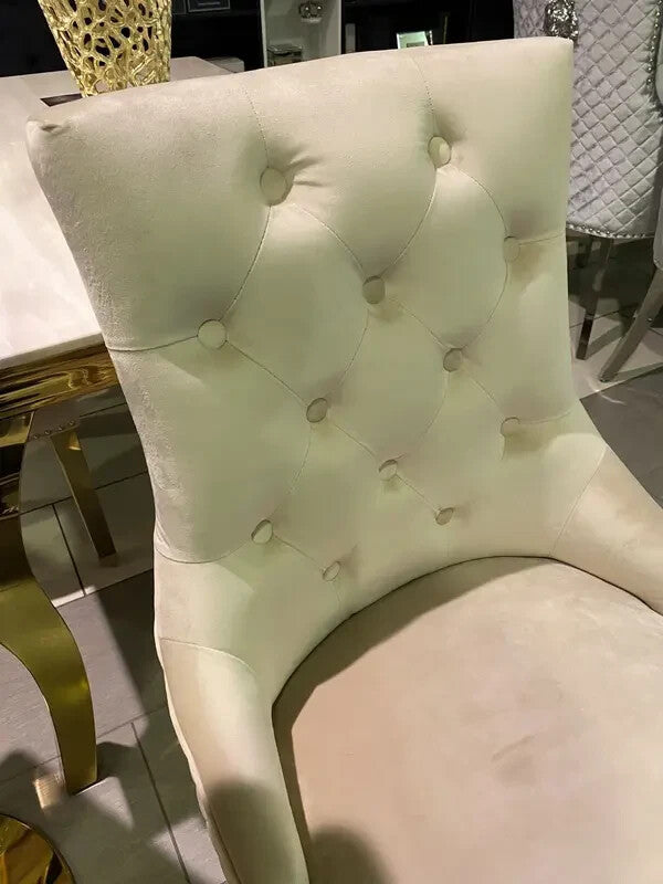 2x Mink Velvet Dining Chairs Gold Legs Ring Knocker Back Tufted Set